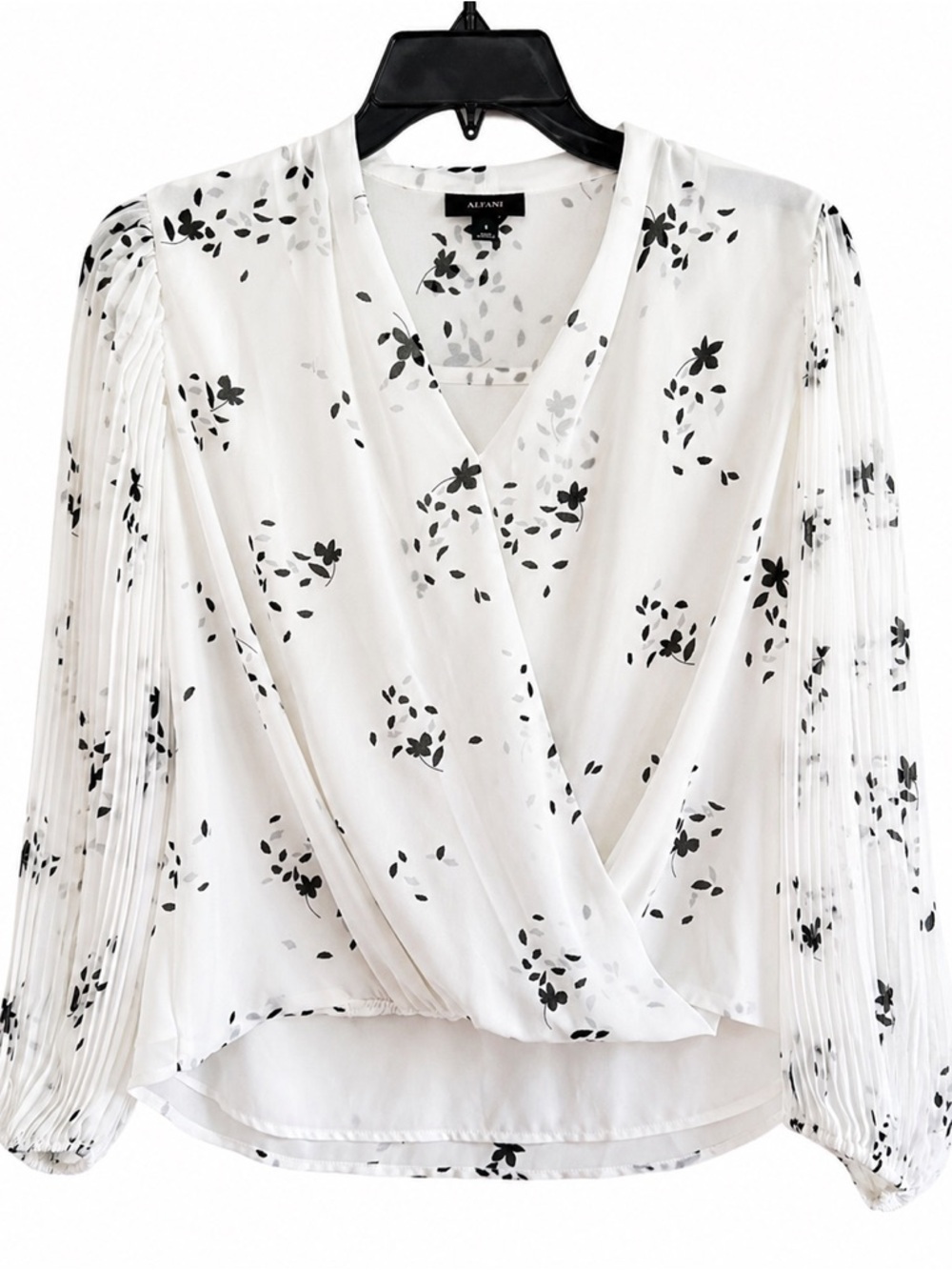 Alfani White Floral Wrap Blouse with Black Print